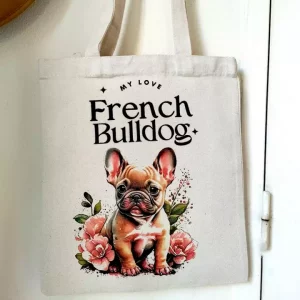 Tote bag avec un bouledogue français et message: love french bulldog